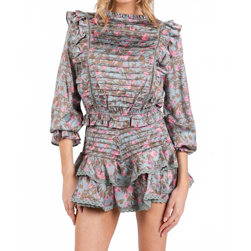 NEW THE VINTAGE SHOP long sleeve pleated ruffle top & skort set in dark mint